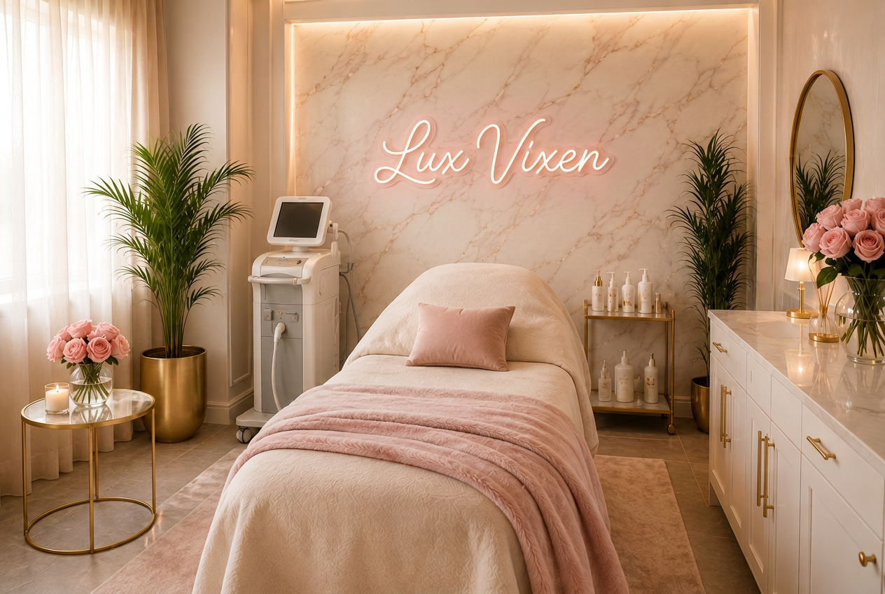 Luxury spa treatment room with marble wall, cream bed, blush accents and gold details